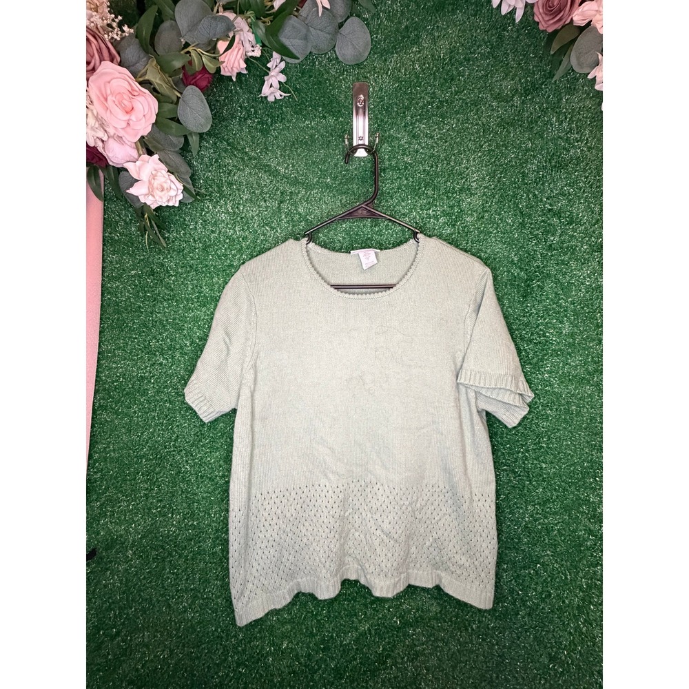 Vintage Blair Sage Green Pointelle Knit Sweater Top Large Petite 90s Y2K